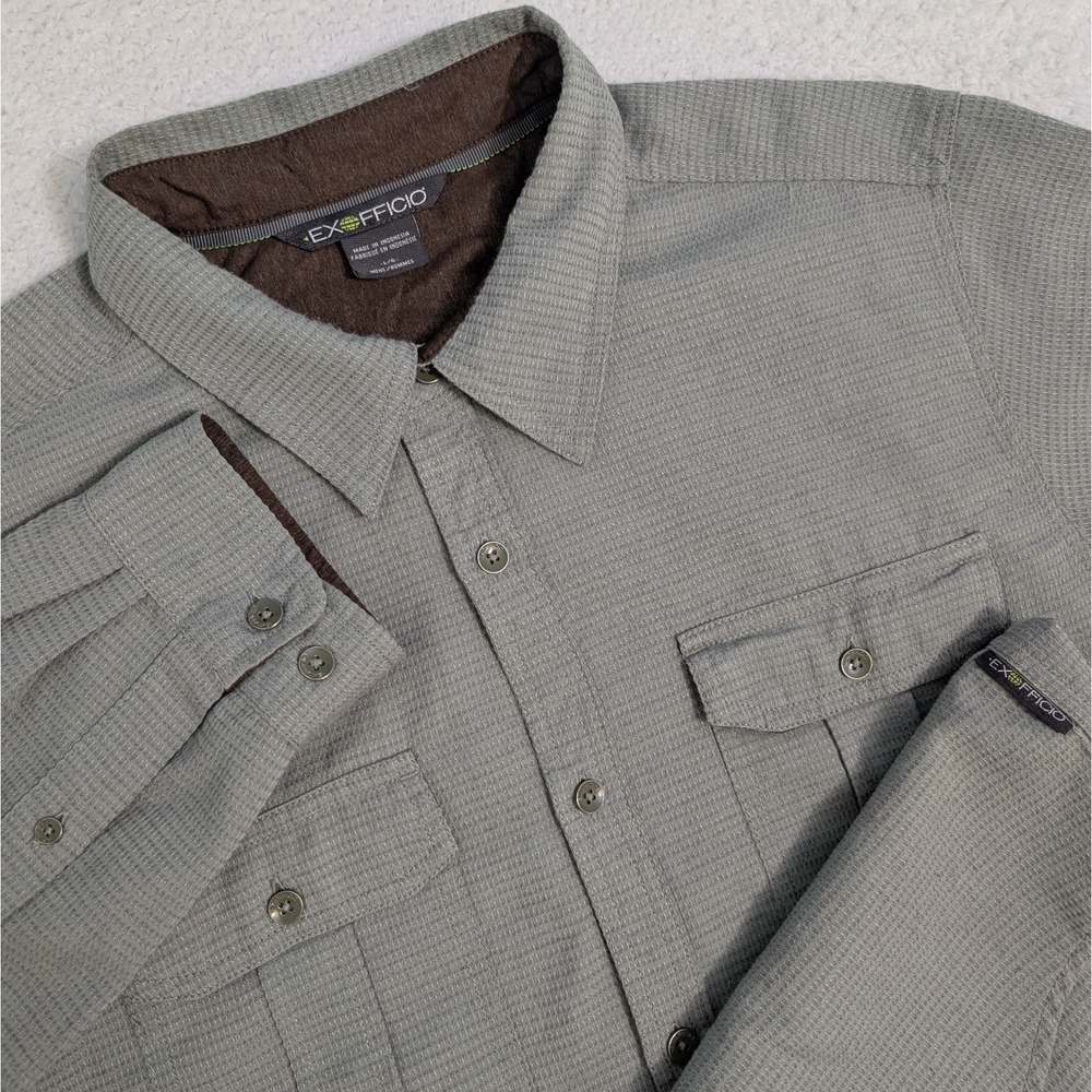 Exofficio Mens L Green Polyester Long Sleeve Double Pocket Button-Up Waffle Knit